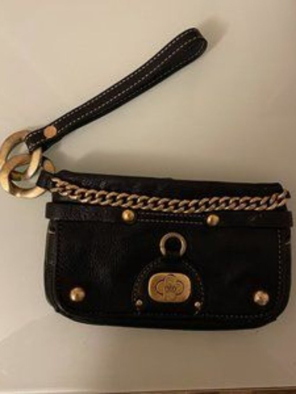 Black Leather clutch wallet Wristlet Juicy Couture gold chain Wristlet Vintage